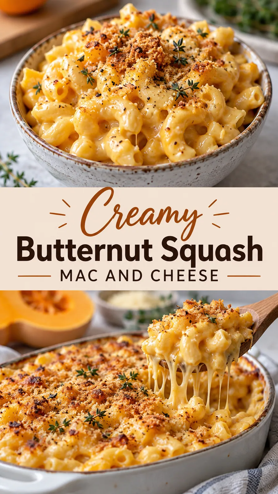 Pinterest image for Creamy Butternut Squash Mac and Cheese, with two photos of the recipe