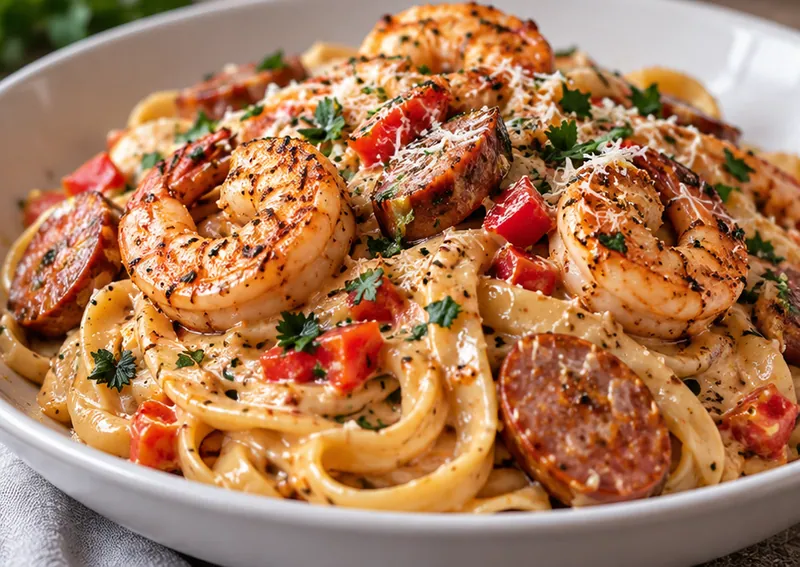 Creamy Cajun Shrimp Pasta with Sausage Recipe, ready to serve