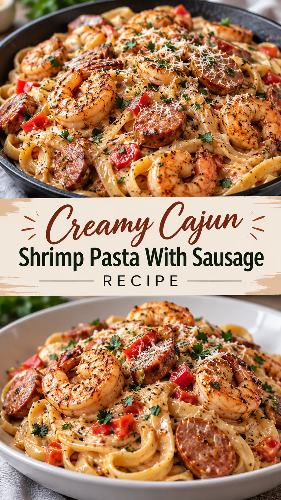 Pinterest image for Creamy Cajun Shrimp Pasta With Sausage Recipe, with two photos of the recipe