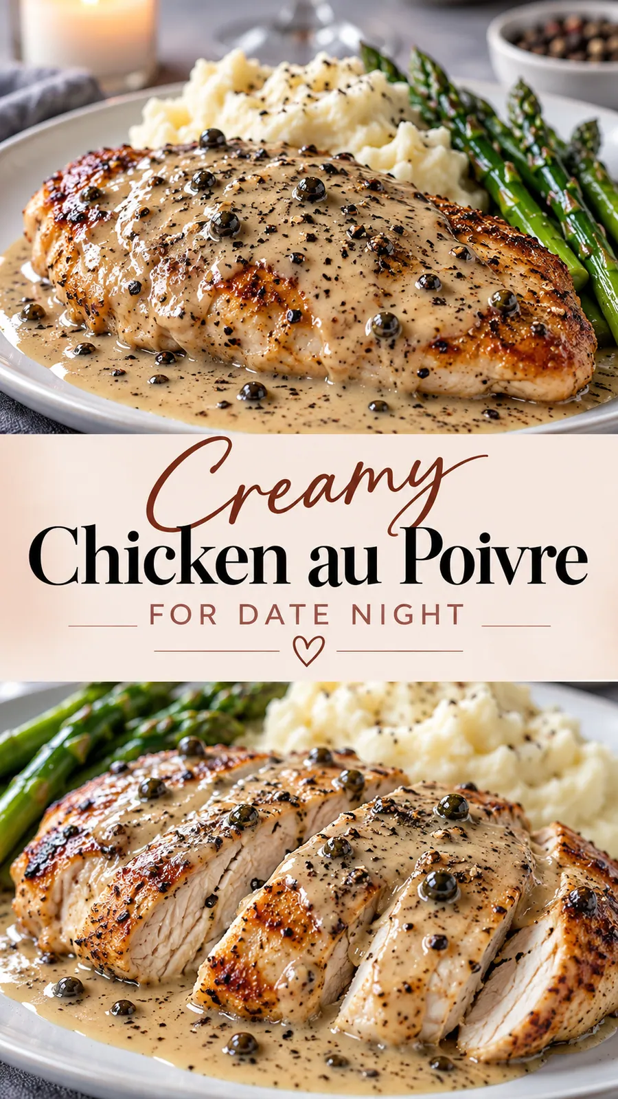 Pinterest image for Creamy Chicken au Poivre for Date Night, with two photos of the recipe
