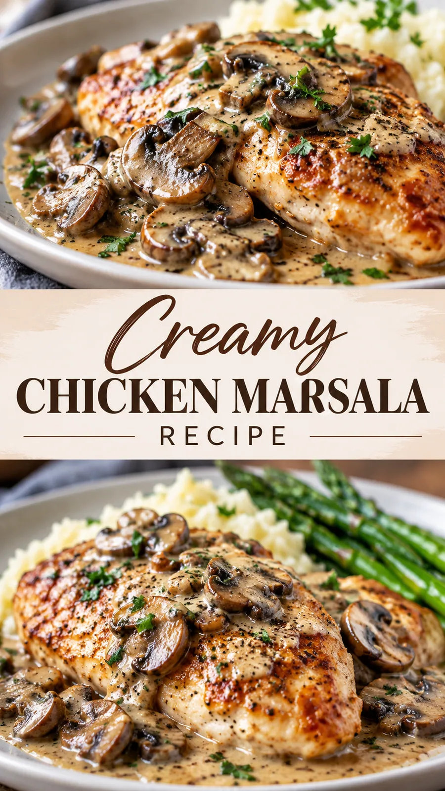Pinterest image for Creamy Chicken Marsala Recipe, with two photos of the recipe