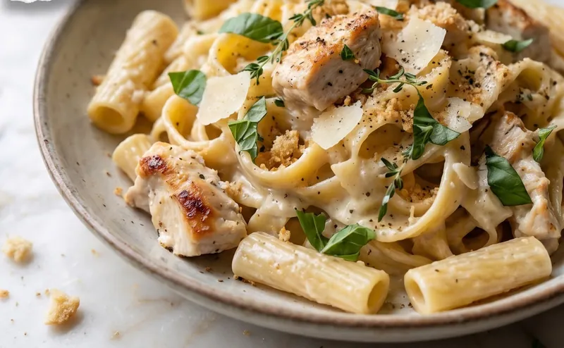 Creamy Chicken Pasta with Herbs and Parmesan, ready to serve