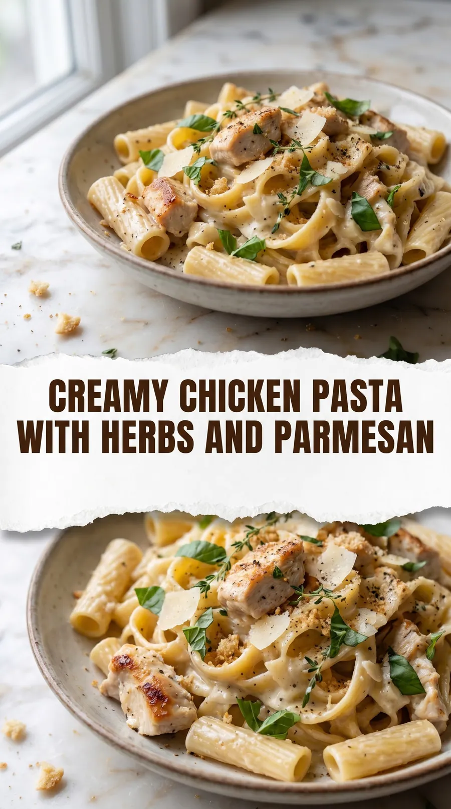 Pinterest image for Creamy Chicken Pasta With Herbs And Parmesan, with two photos of the recipe