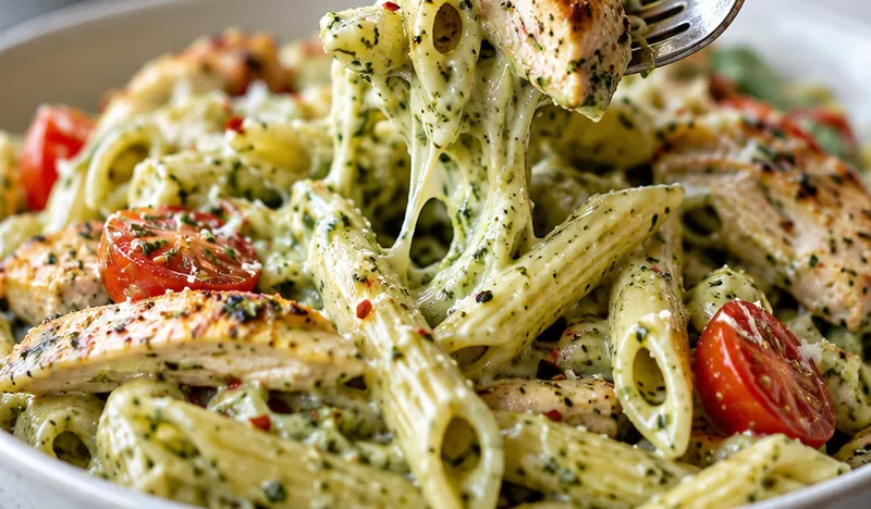 Creamy Chicken Pesto Pasta, ready to serve