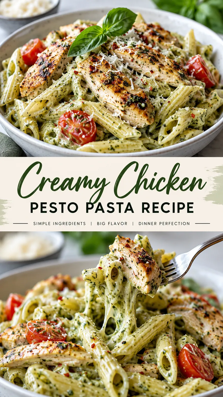 Pinterest image for Creamy Chicken Pesto Pasta Recipe, with two photos of the recipe