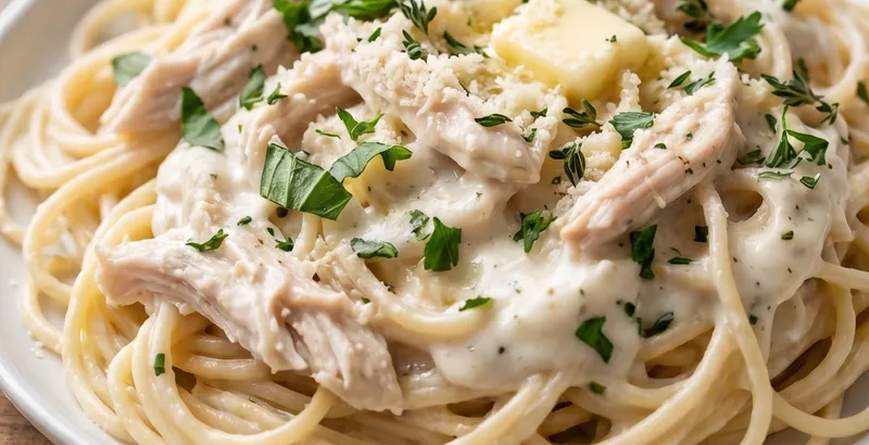 Creamy Chicken Spaghetti with Herbs and Butter, ready to serve