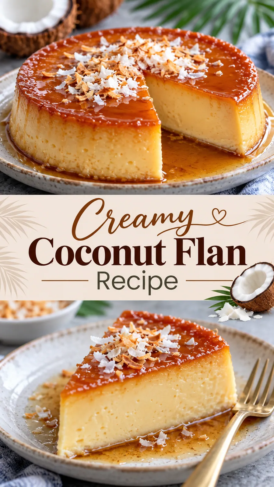 Pinterest image for Creamy Coconut Flan Recipe, with two photos of the recipe
