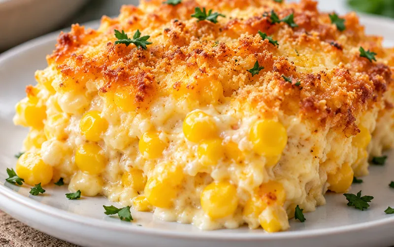 Creamy Corn Casserole, ready to serve