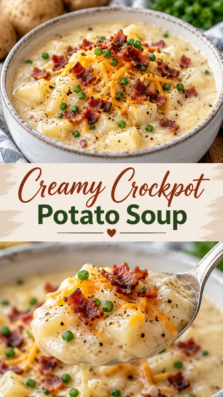 Pinterest image for Creamy Crockpot Potato Soup, with two photos of the recipe