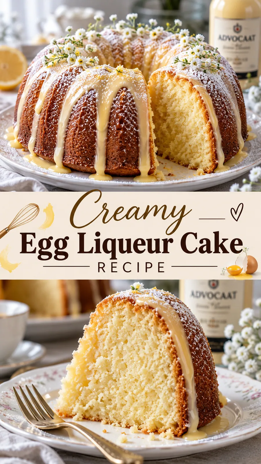Pinterest image for Creamy Egg Liqueur Cake Recipe, with two photos of the recipe
