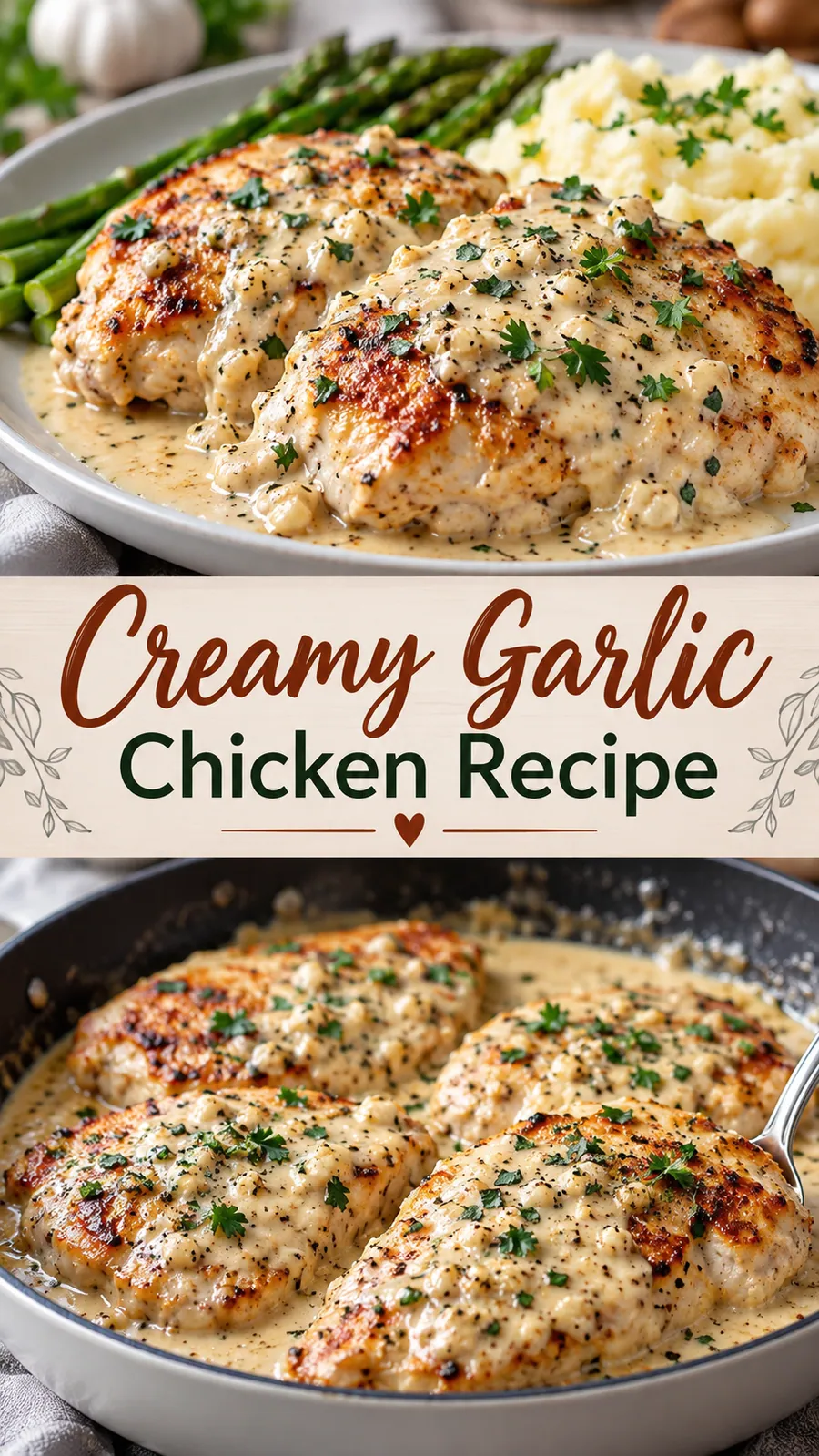 Pinterest image for Creamy Garlic Chicken Recipe, with two photos of the recipe