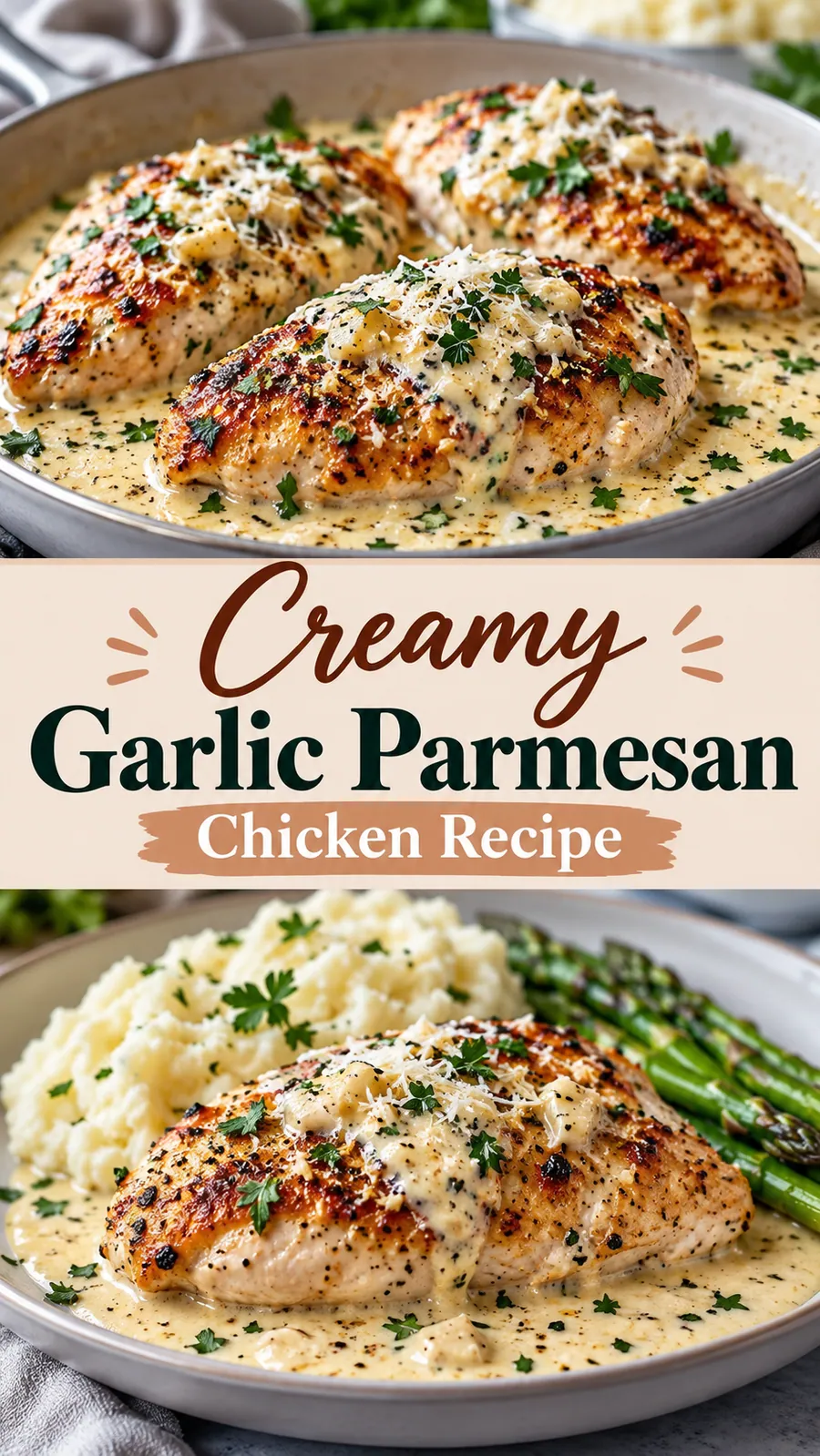 Pinterest image for Creamy Garlic Parmesan Chicken Recipe, with two photos of the recipe