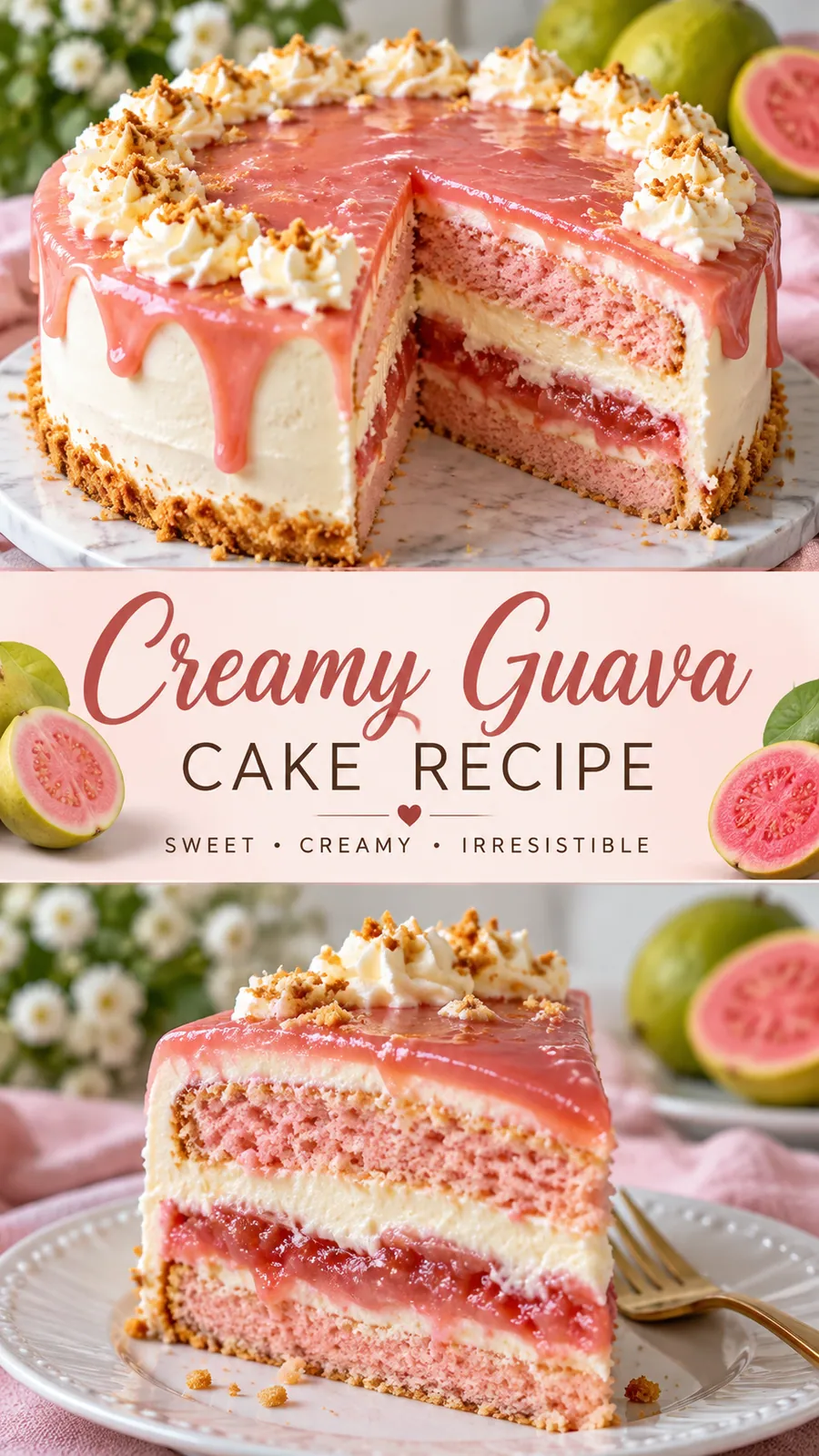Pinterest image for Creamy Guava Cake Recipe, with two photos of the recipe