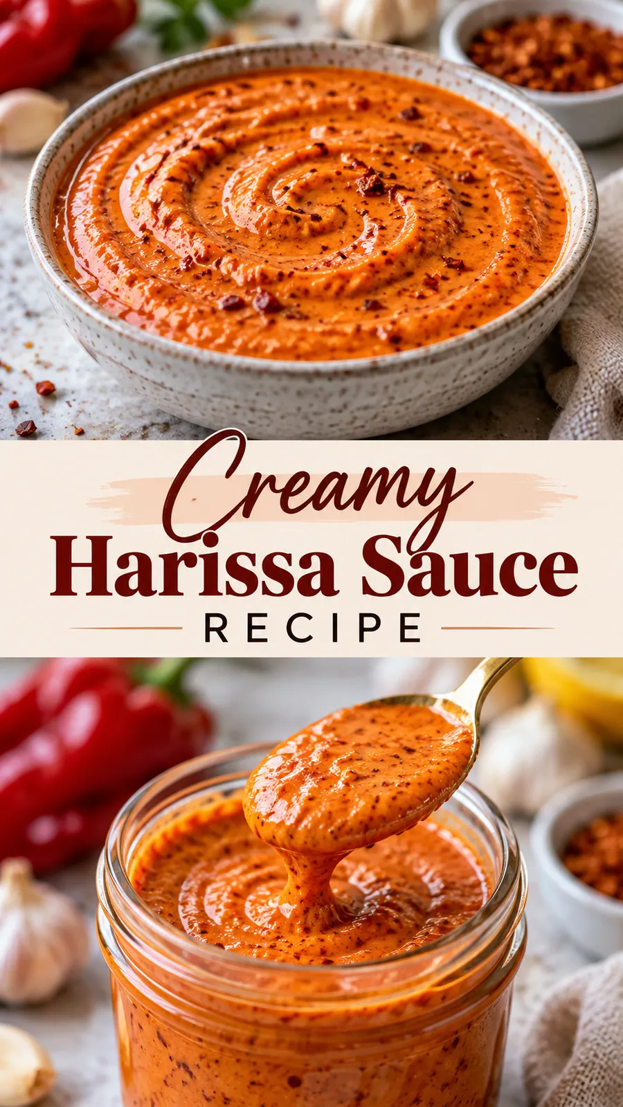 Pinterest image for Creamy Harissa Sauce Recipe, with two photos of the recipe