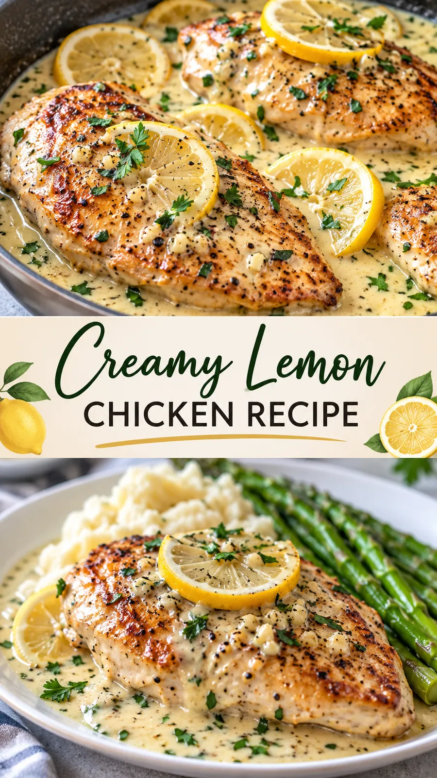 Pinterest image for Creamy Lemon Chicken Recipe, with two photos of the recipe