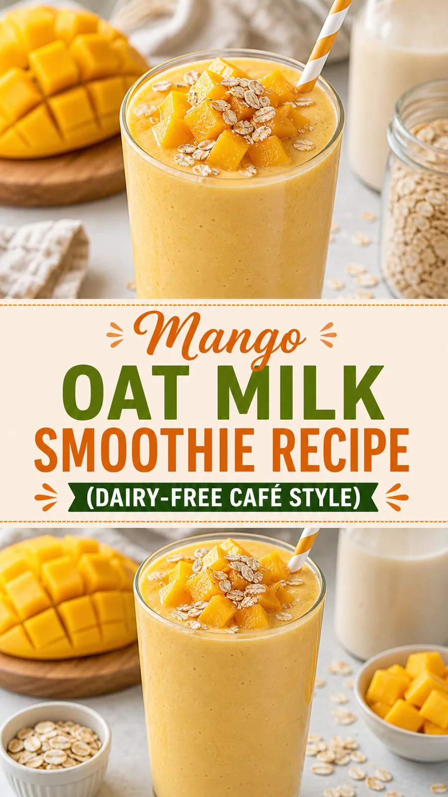 Pinterest image for Creamy Mango Oat Milk Smoothie Recipe, with two photos of the recipe