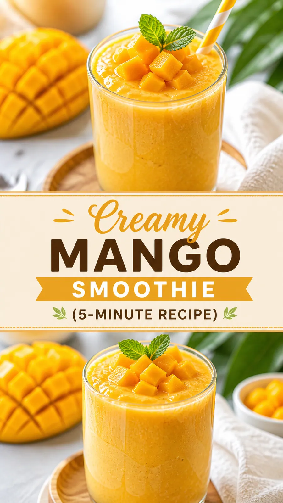 Pinterest image for Creamy Mango Smoothie (5-Minute Breakfast), with two photos of the recipe