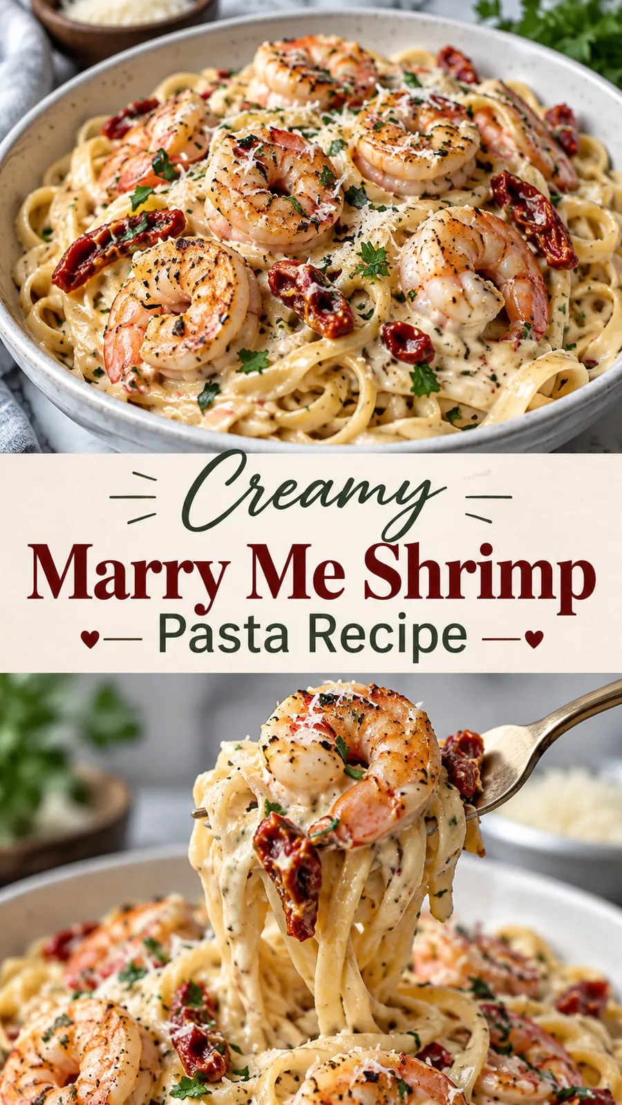 Pinterest image for Creamy Marry Me Shrimp Pasta Recipe, with two photos of the recipe