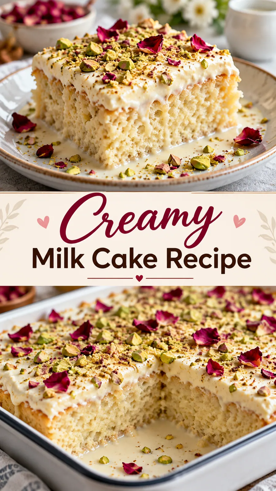 Pinterest image for Creamy Milk Cake Recipe, with two photos of the recipe