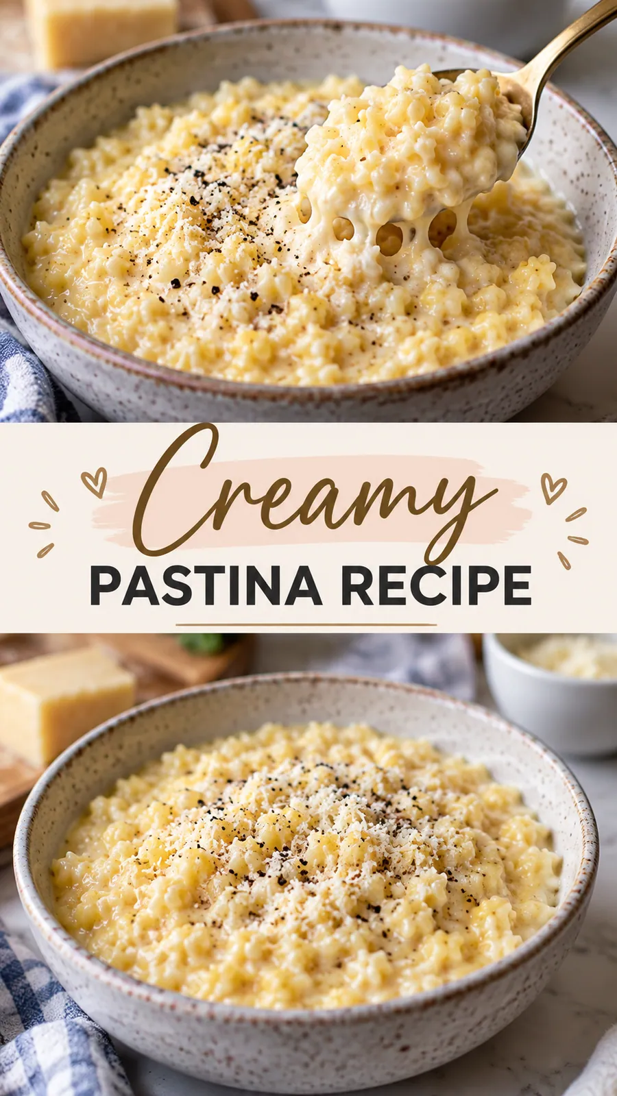 Pinterest image for Creamy Pastina Recipe, with two photos of the recipe