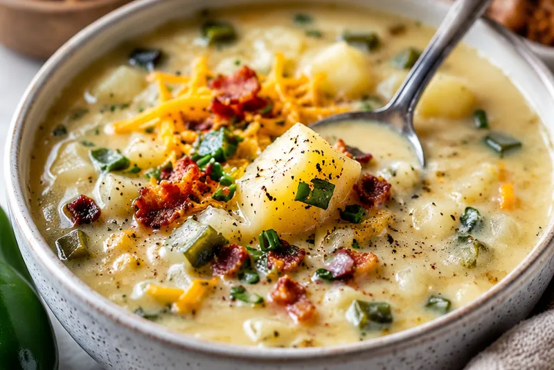 Creamy Poblano Potato Soup, ready to serve