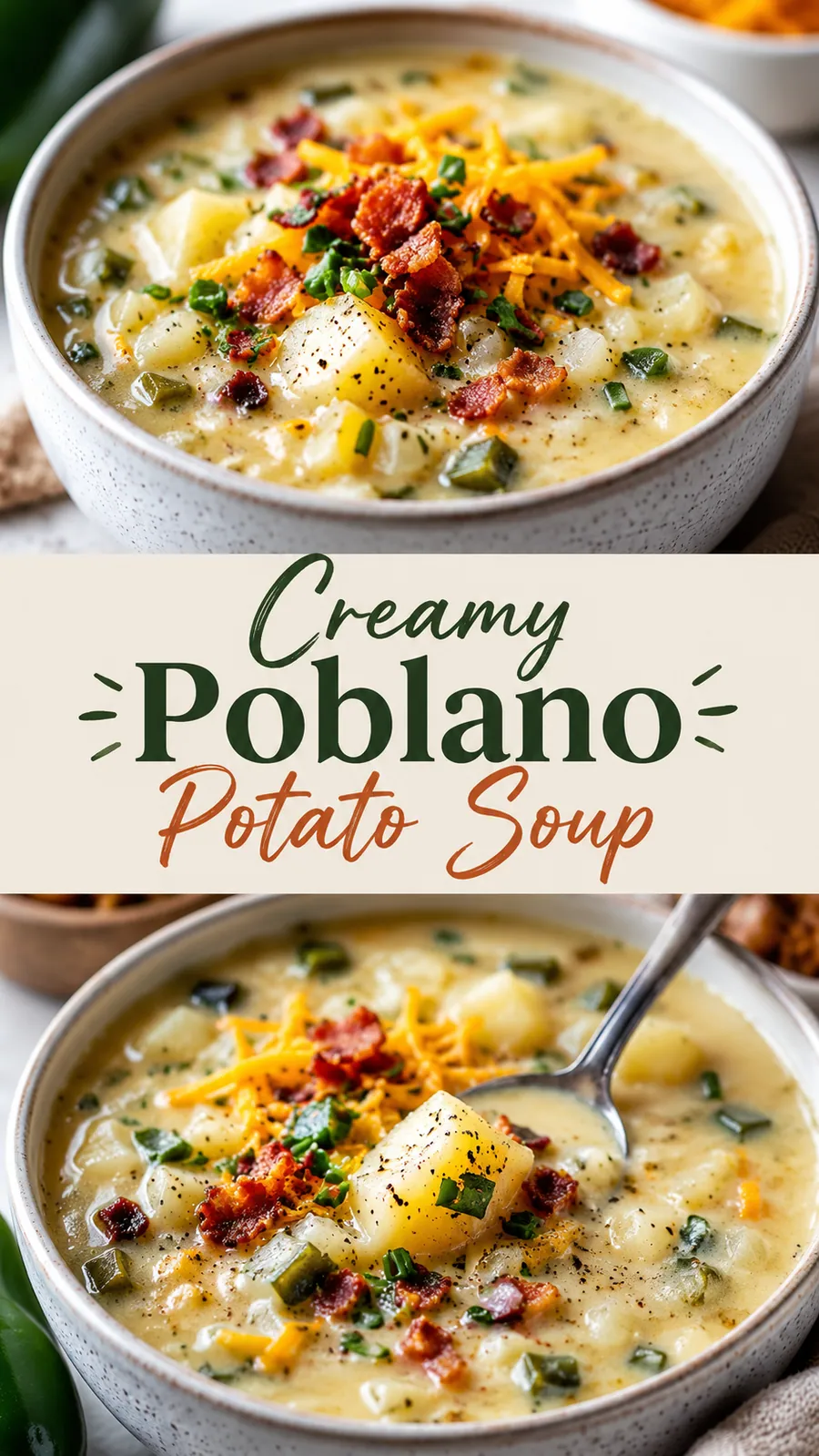 Pinterest image for Creamy Poblano Potato Soup, with two photos of the recipe