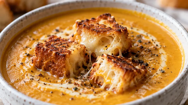 Creamy Pumpkin Soup with Grilled Cheese Croutons