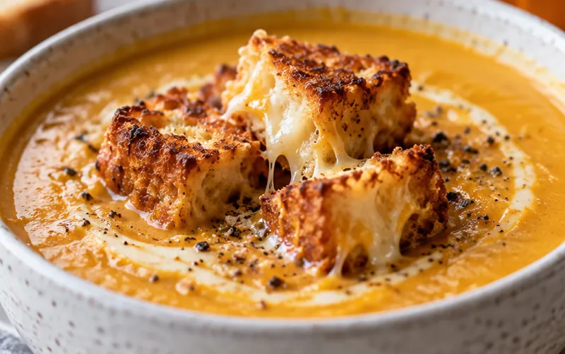 Creamy Pumpkin Soup with Grilled Cheese Croutons, ready to serve