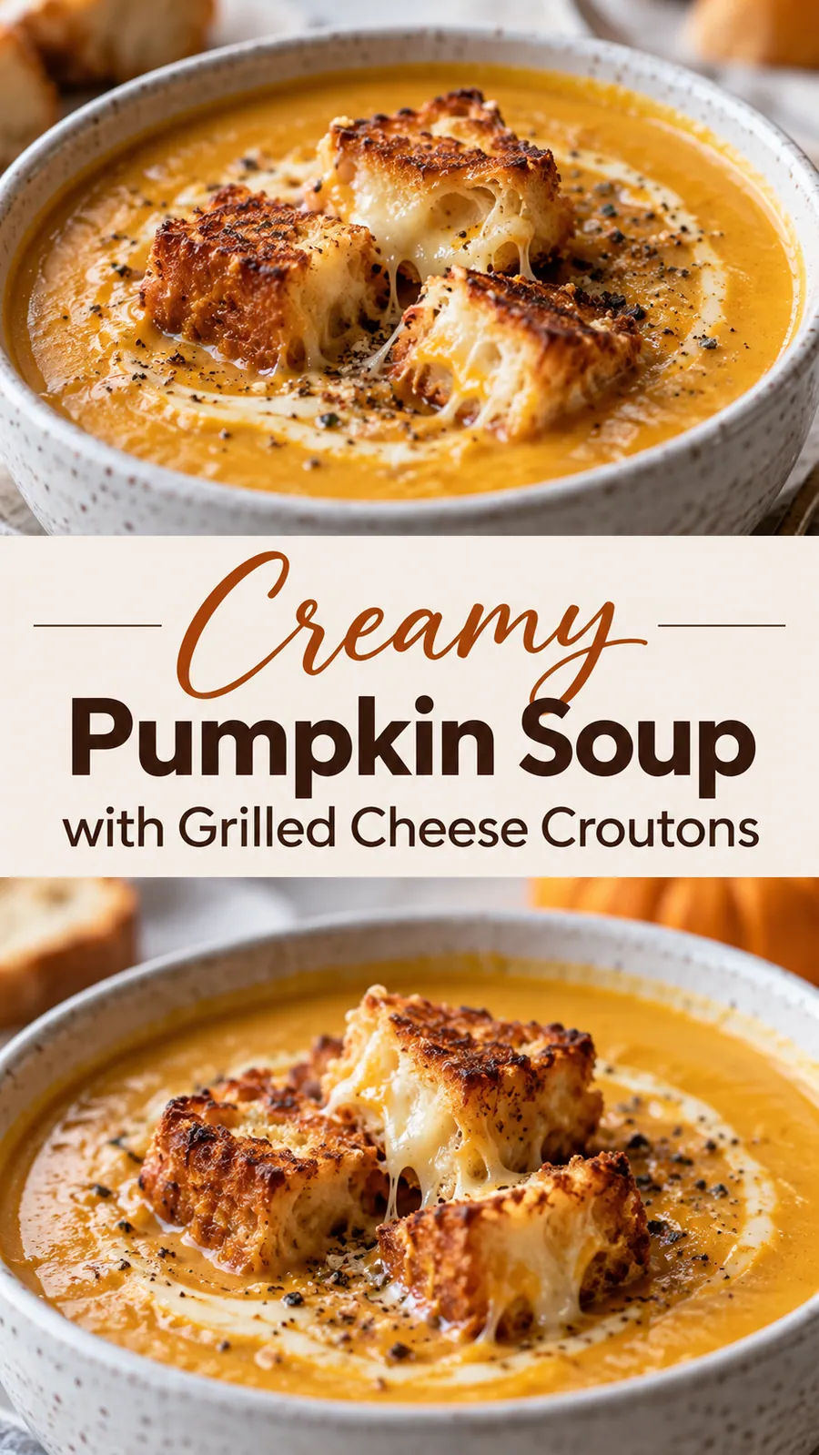 Pinterest image for Creamy Pumpkin Soup with Grilled Cheese Croutons, with two photos of the recipe