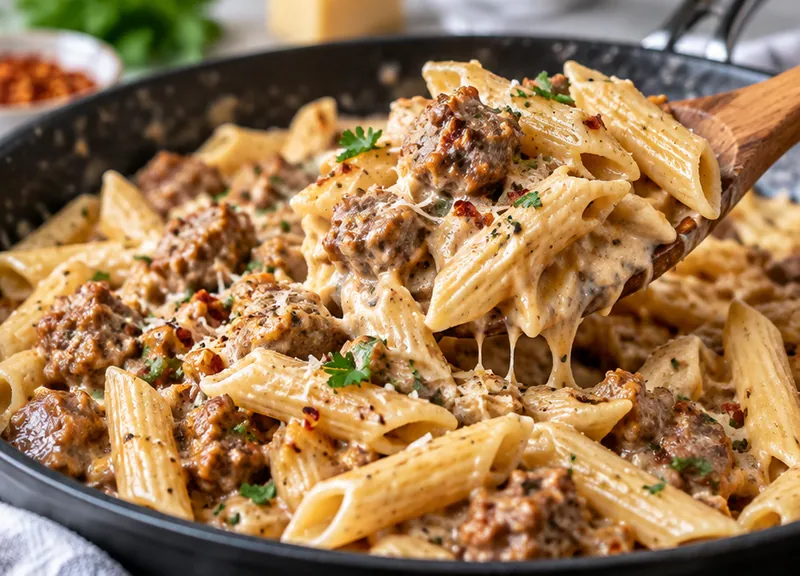 Creamy Sausage Pasta Recipe, ready to serve