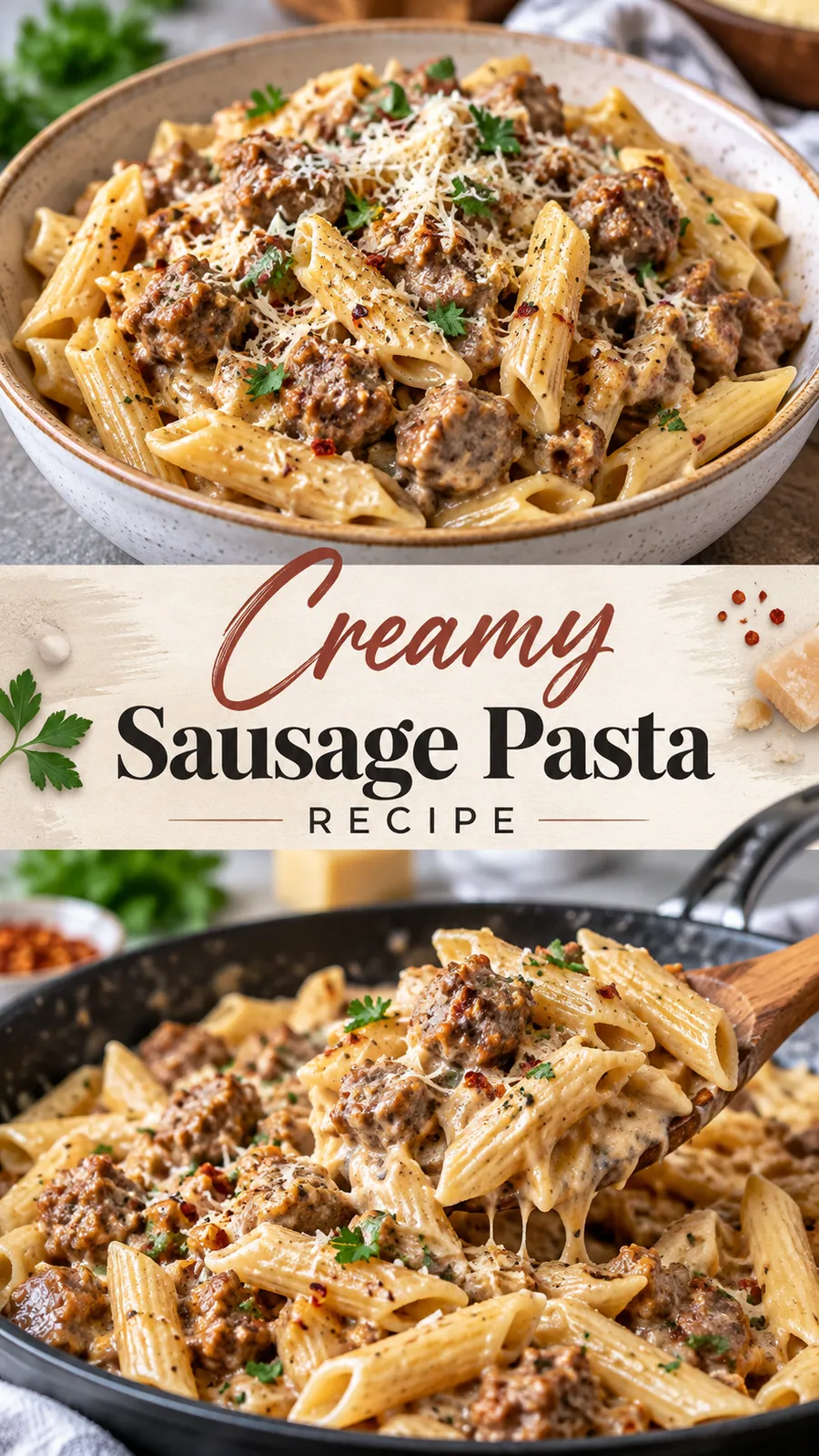 Pinterest image for Creamy Sausage Pasta Recipe, with two photos of the recipe