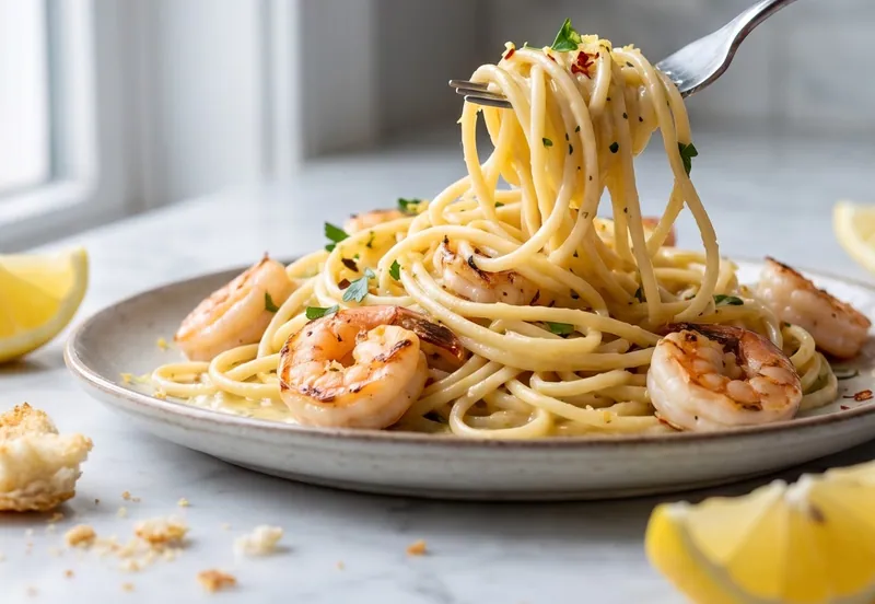 Creamy Shrimp Spaghetti with Lemon and Garlic, ready to serve