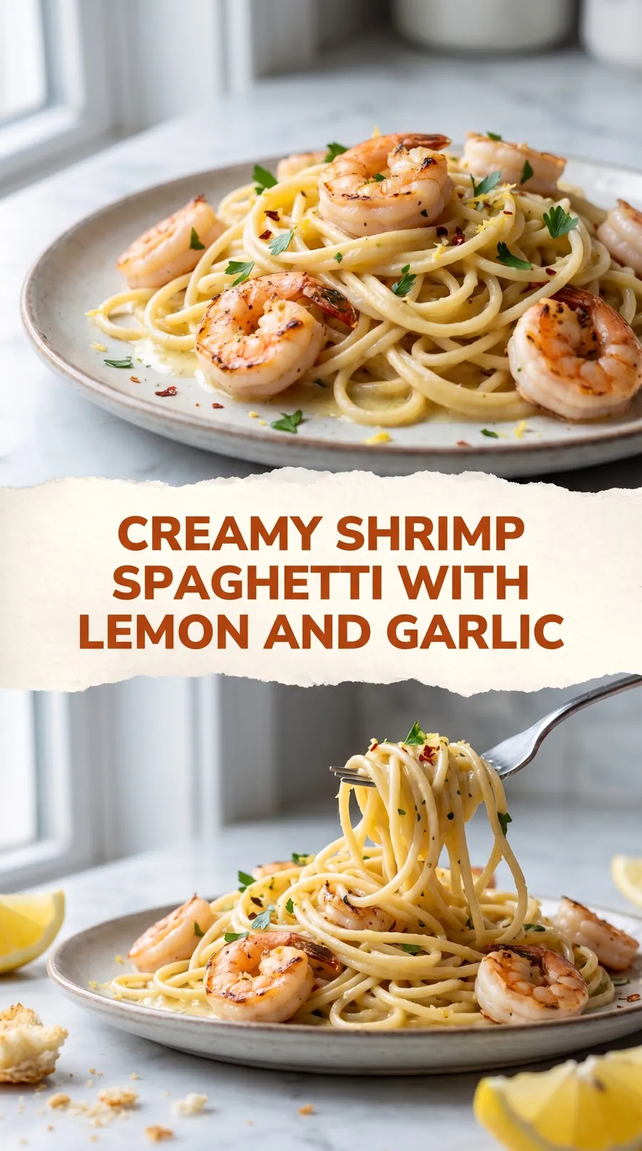 Pinterest image for Creamy Shrimp Spaghetti With Lemon And Garlic, with two photos of the recipe