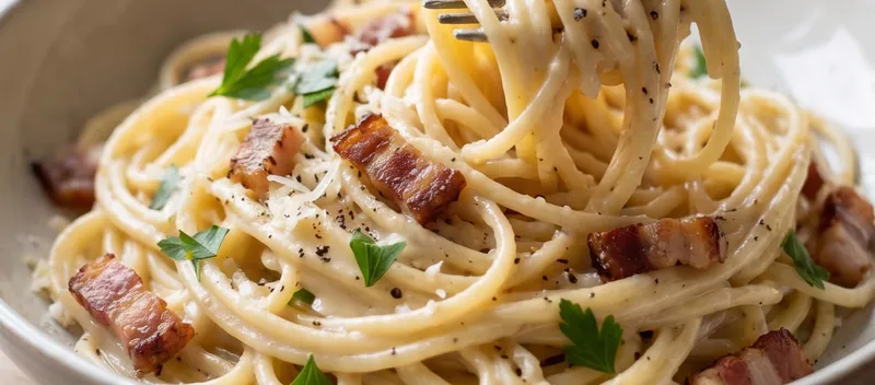 Creamy Spaghetti Carbonara-Style (Without Traditional Eggs), ready to serve