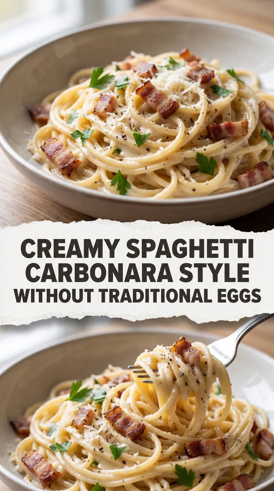 Pinterest image for Creamy Spaghetti Carbonara Style Without Traditional Eggs, with two photos of the recipe