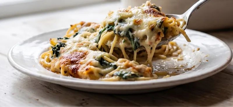 Creamy Spinach and Cheese Spaghetti Bake, ready to serve