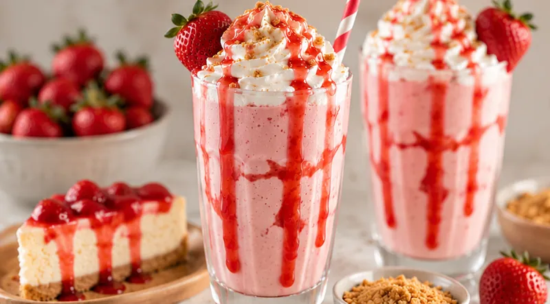 Creamy Strawberry Cheesecake Milkshake, ready to serve