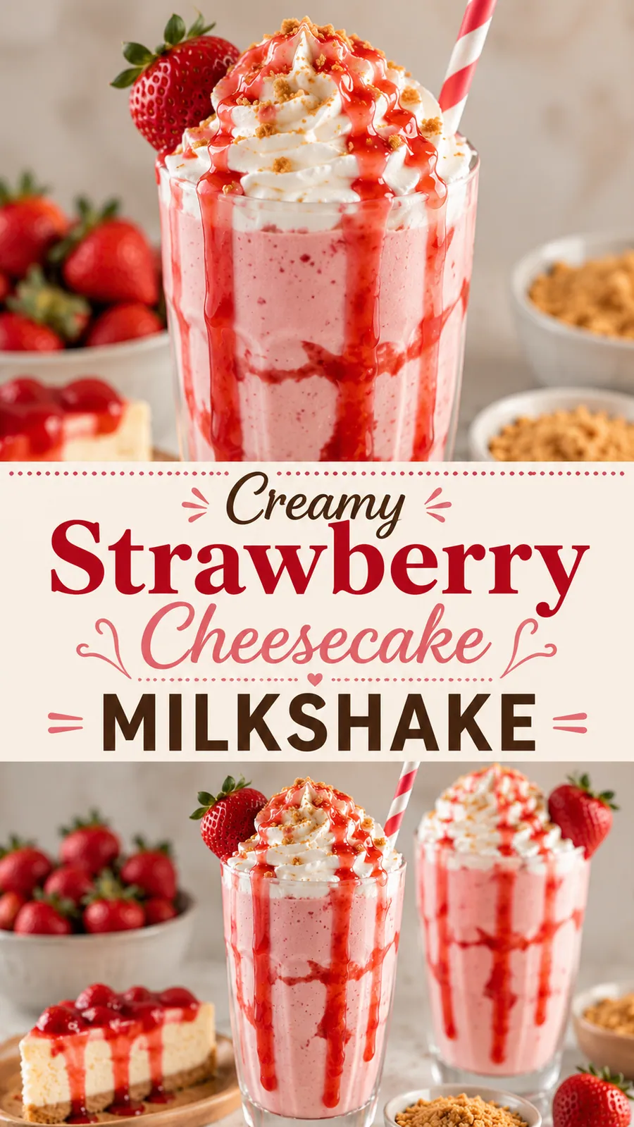 Pinterest image for Creamy Strawberry Cheesecake Milkshake Recipe, with two photos of the recipe