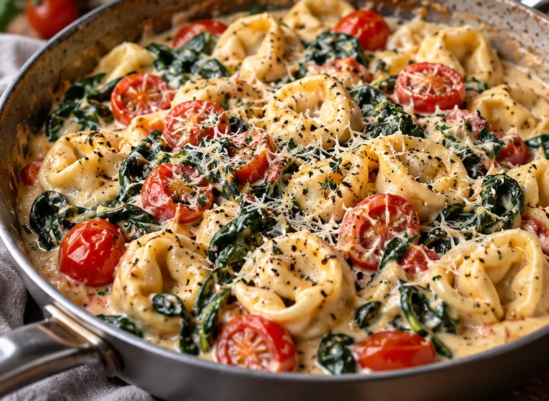 Creamy Tortellini with Spinach and Tomatoes, ready to serve