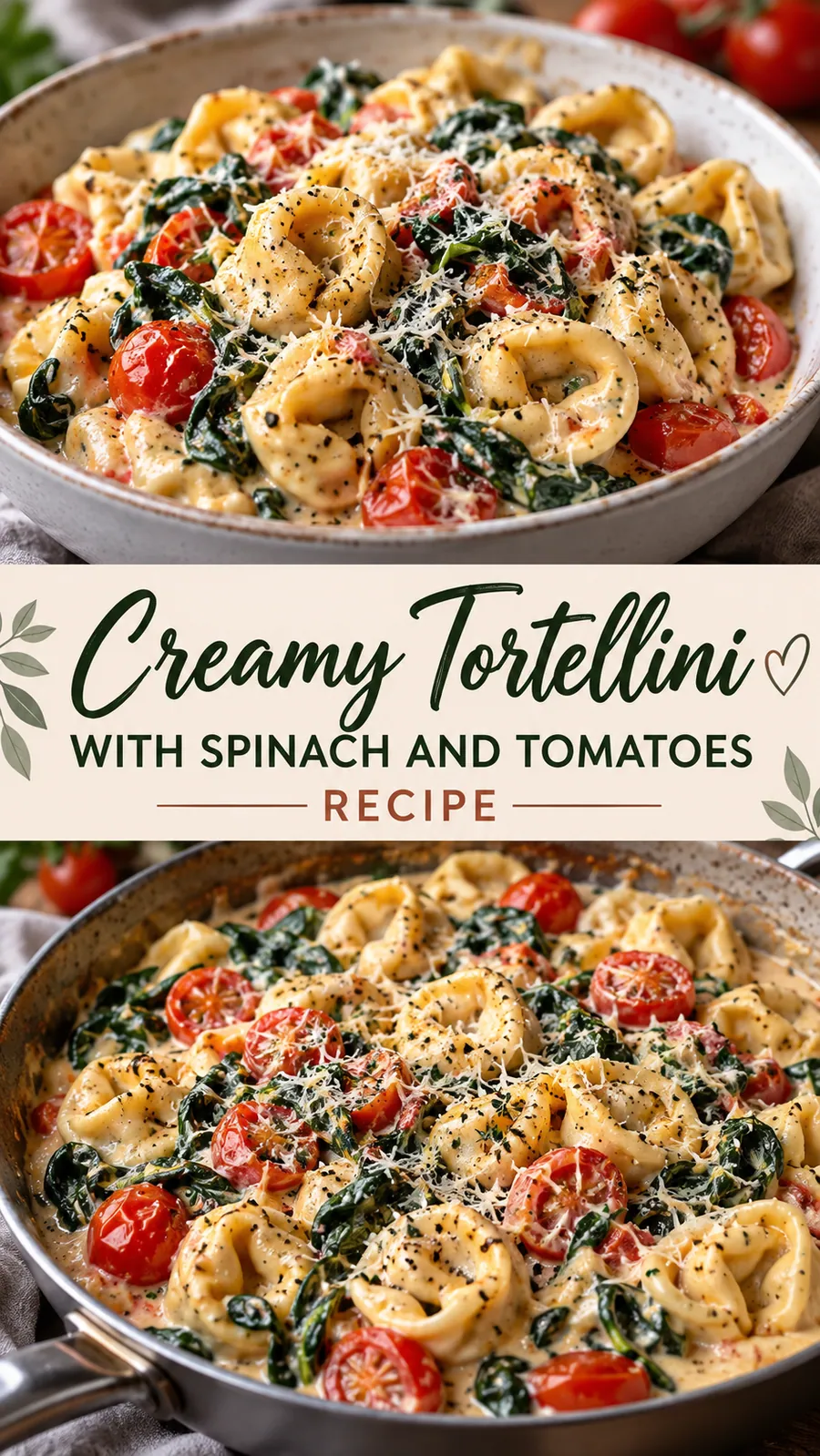 Pinterest image for Creamy Tortellini With Spinach And Tomatoes Recipe, with two photos of the recipe