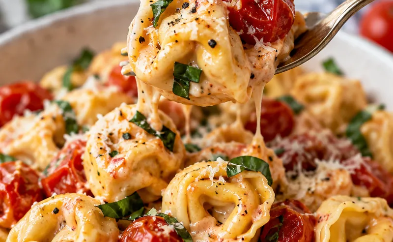 Creamy Tortellini with Tomatoes, ready to serve