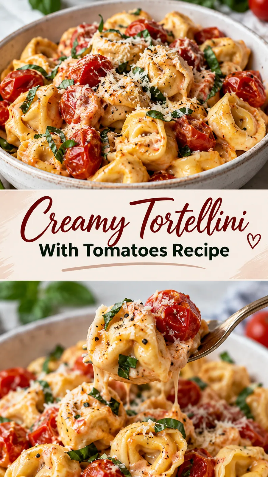 Pinterest image for Creamy Tortellini With Tomatoes Recipe, with two photos of the recipe