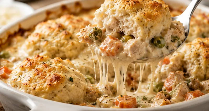 Creamy Turkey Dumpling Bake, ready to serve