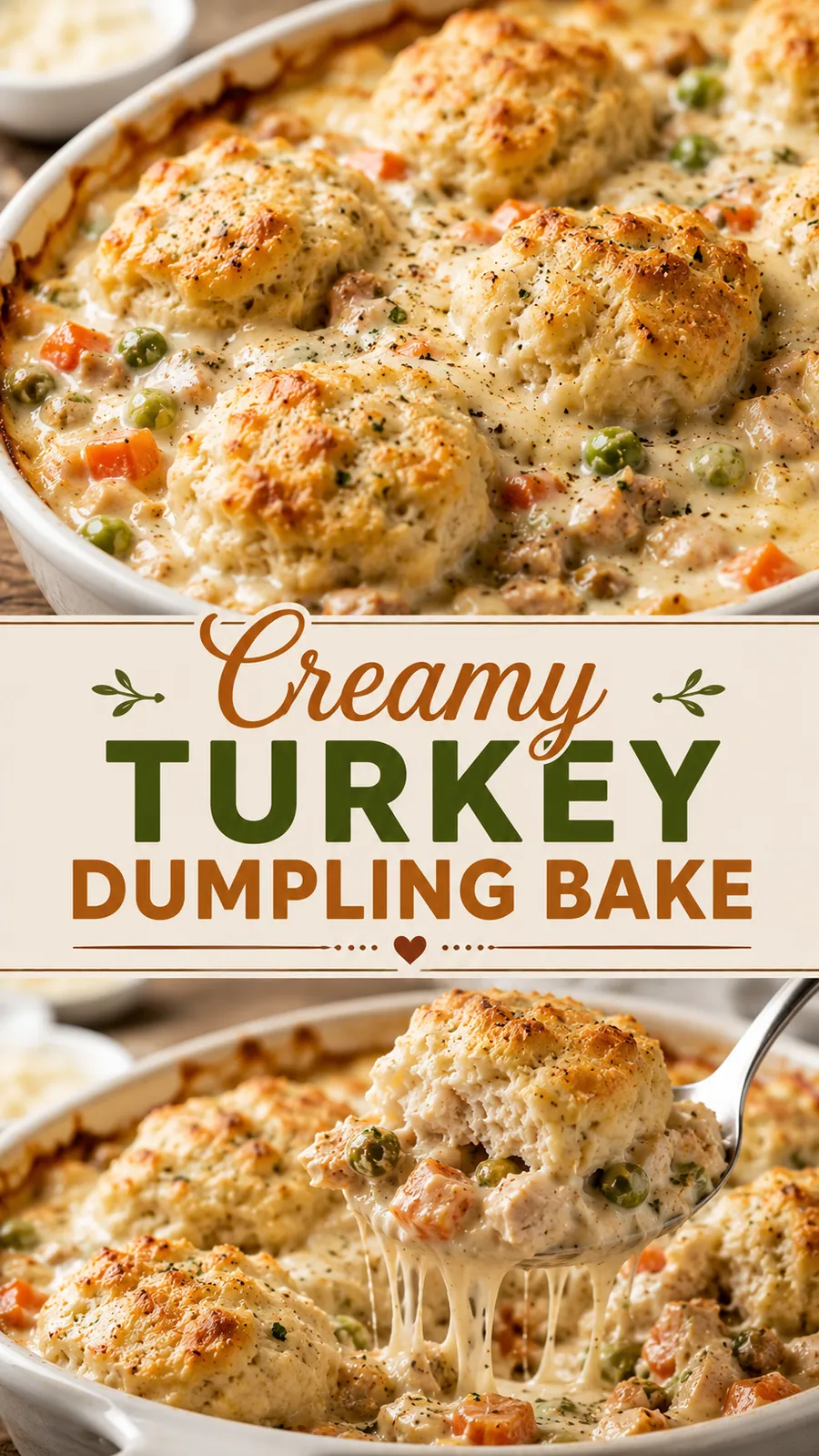 Pinterest image for Creamy Turkey Dumpling Bake, with two photos of the recipe
