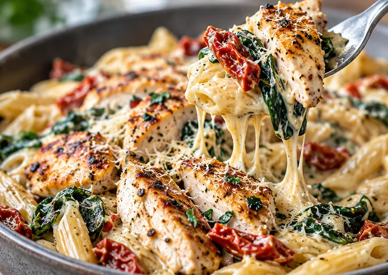 Creamy Tuscan Chicken Pasta, ready to serve