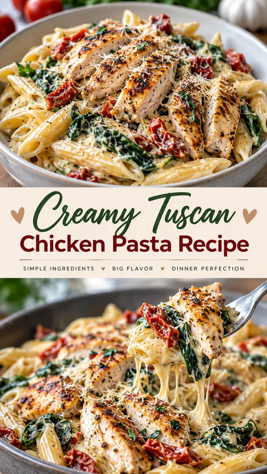 Pinterest image for Creamy Tuscan Chicken Pasta Recipe, with two photos of the recipe