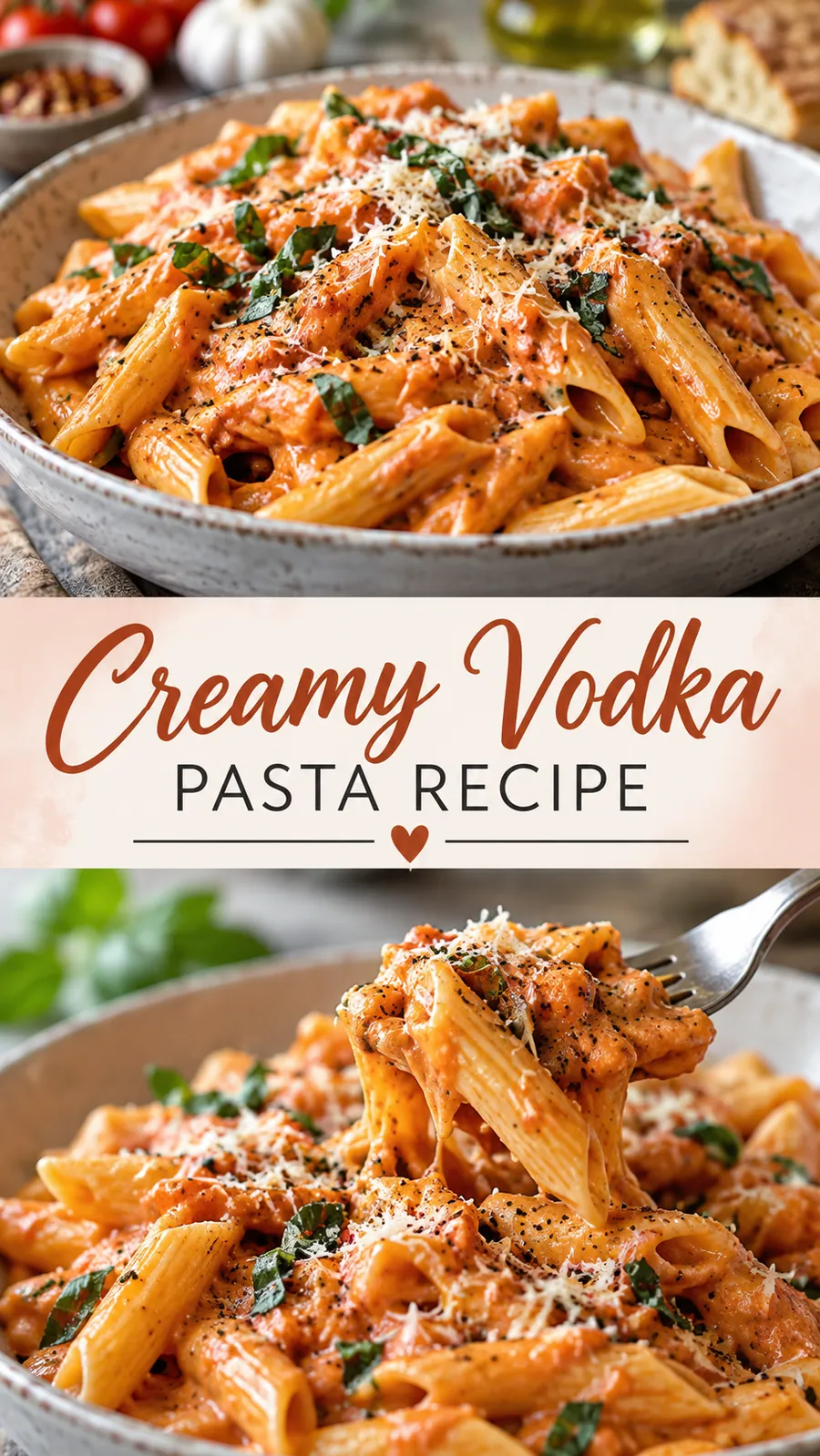Pinterest image for Creamy Vodka Pasta Recipe, with two photos of the recipe