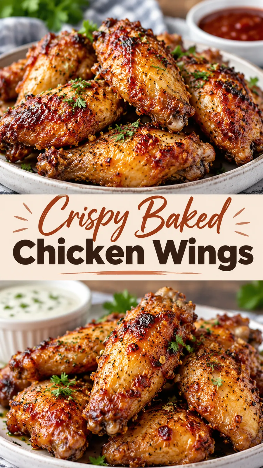 Pinterest image for Crispy Baked Chicken Wings, with two photos of the recipe