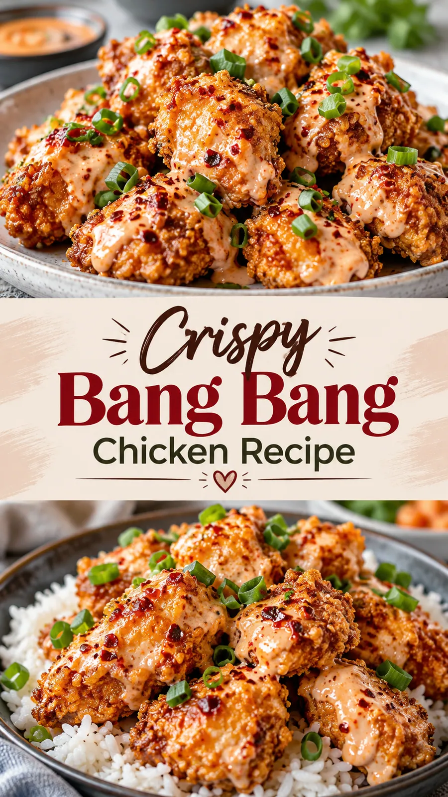 Pinterest image for Crispy Bang Bang Chicken Recipe, with two photos of the recipe
