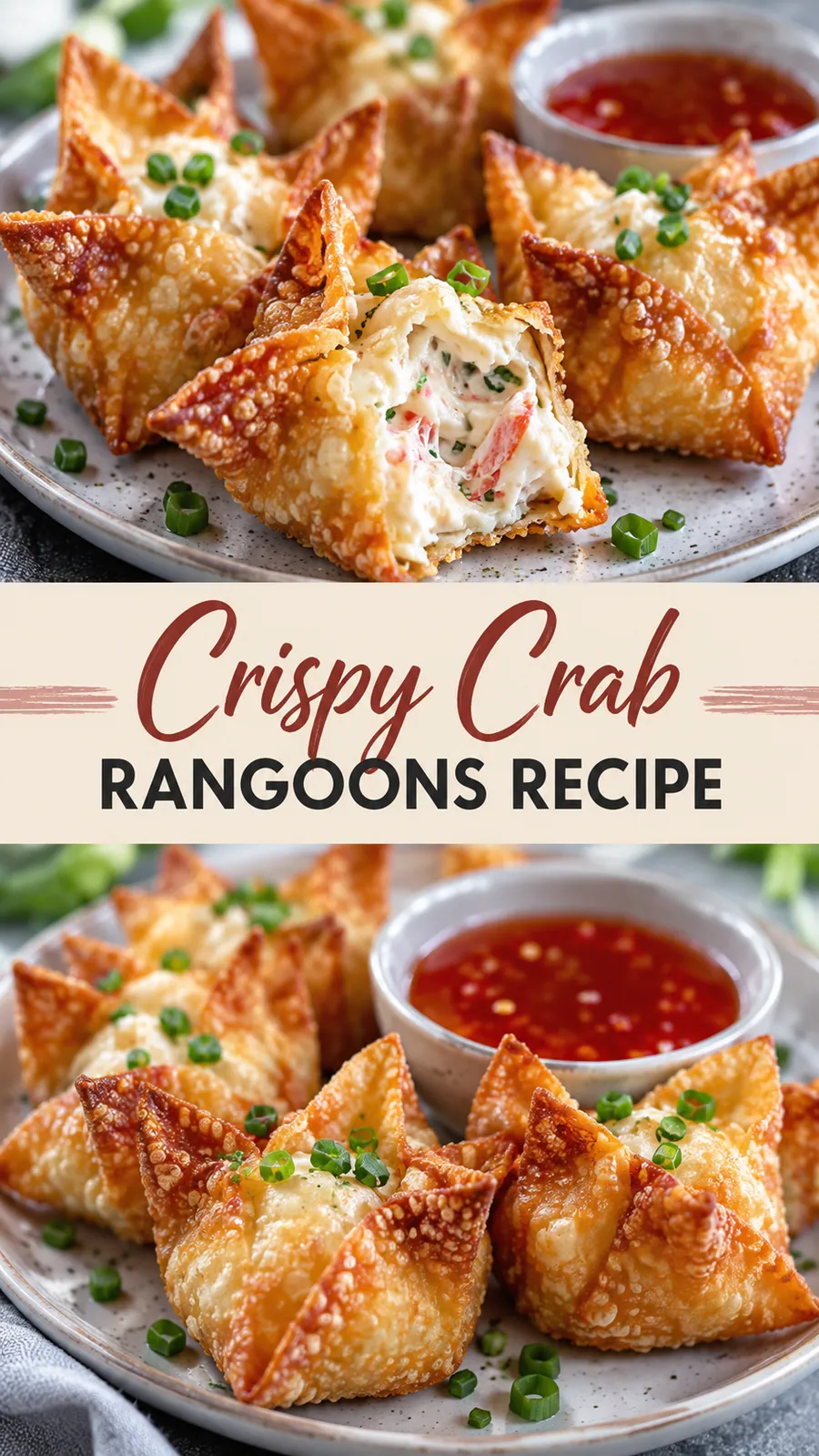 Pinterest image for Crispy Crab Rangoons Recipe, with two photos of the recipe
